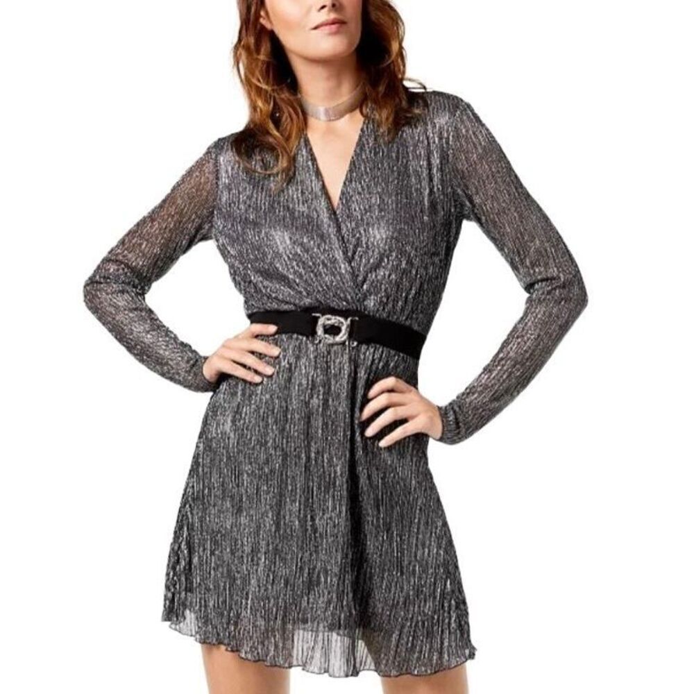 JUST CAVALLI Italian Womens Silver Toned Belted Faux-Wrap Dress Size 42 (10)